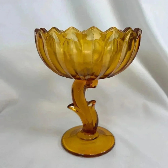 Vintage Amber Orange Indiana Glass Lotus Flower Compote Dish - Picture 1 of 5